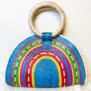 BAY SKY multicolored rainbow woven palm straw quesadilla handbag